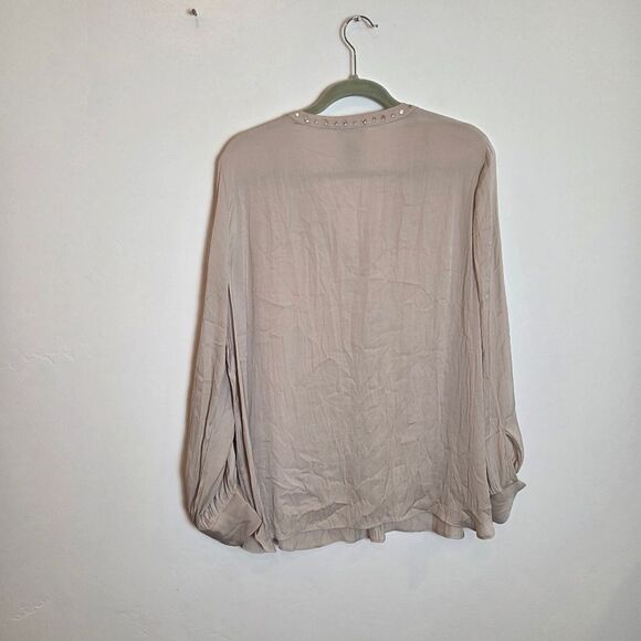 Carmen Marc Valvo Taupe Satin Peasant Blouse Top Slinky Formal Y2K Rhinestone XL - Picture 6 of 7